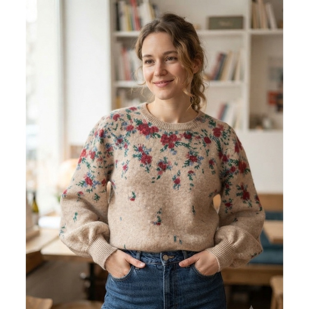 LC Lauren Conrad Womens XS Beige Floral Puff Sleeve Knit Sweater Pullover